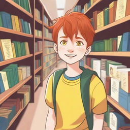 A young boy with straight, red hair and yellow eyes, around eight years old, standing inside a bookstore