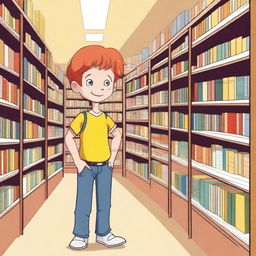 A young boy with straight, red hair and yellow eyes, around eight years old, standing inside a bookstore