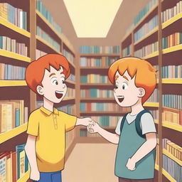 A young boy with straight, red hair and yellow eyes, around eight years old, asking for a book inside a bookstore