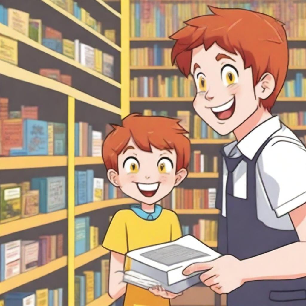 A young boy with straight, red hair and yellow eyes, around eight years old, asking for a book inside a bookstore