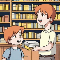 A young boy with straight, red hair and yellow eyes, around eight years old, asking for a book inside a bookstore