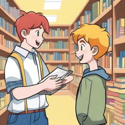 A young boy with straight, red hair and yellow eyes, around eight years old, asking for a book in a bookstore