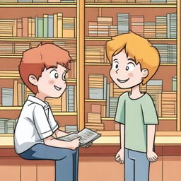 A young boy with straight, red hair and yellow eyes, around eight years old, asking for a book in a bookstore