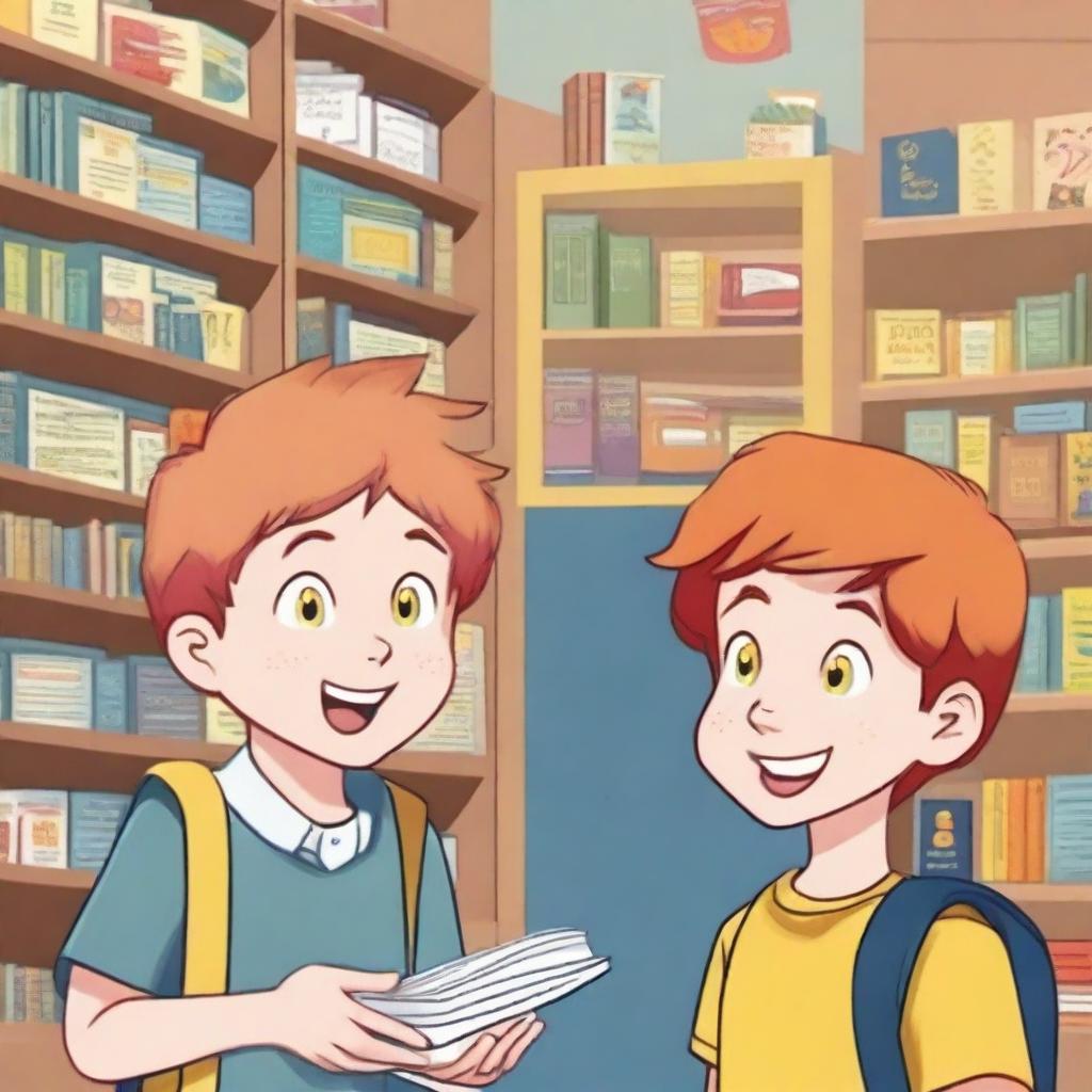 A young boy with straight, red hair and yellow eyes, around eight years old, asking for a book in a bookstore