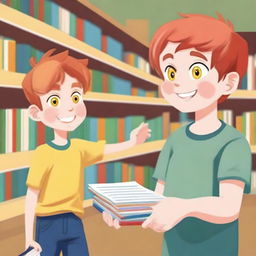 A young boy with straight, red hair and yellow eyes, around eight years old, asking for a book in a bookstore