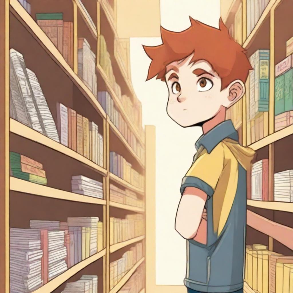 A young boy with straight, red hair and yellow eyes, around eight years old, searching for something inside a bookstore