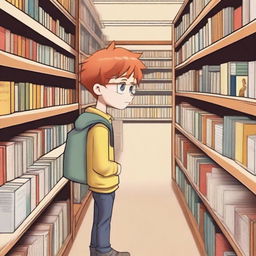 A young boy with straight, red hair and yellow eyes, around eight years old, searching for something inside a bookstore