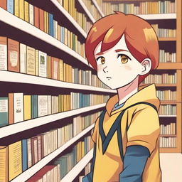 A young boy with straight, red hair and yellow eyes, around eight years old, searching for something inside a bookstore