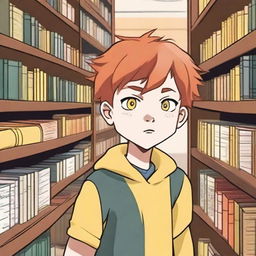 A young boy with straight, red hair and yellow eyes, around eight years old, searching for something inside a bookstore