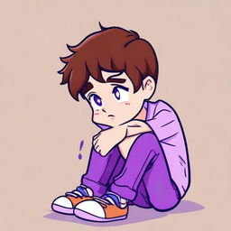 A boy named Milo with brown hair and wearing purple pants is sitting down with a sad expression on his face