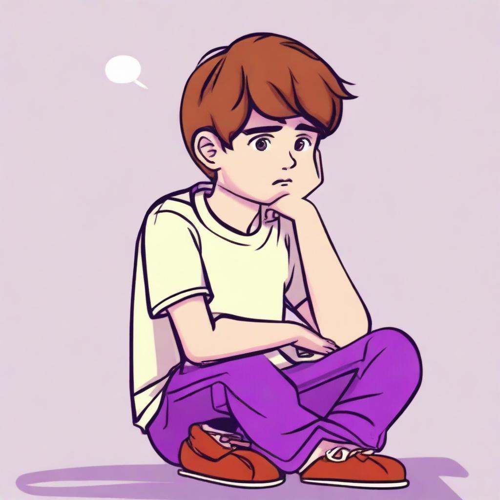 A boy named Milo with brown hair and wearing purple pants is sitting down with a sad expression on his face