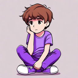 A boy named Milo with brown hair and wearing purple pants is sitting down with a sad expression on his face