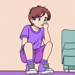 A boy named Milo with brown hair and wearing purple pants is sitting down with a sad expression on his face