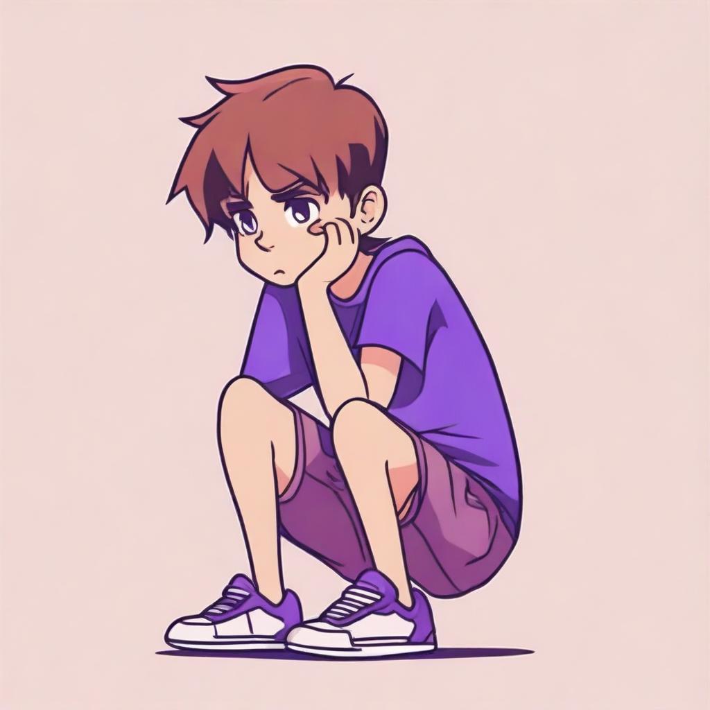 A boy named Milo with brown hair and wearing purple pants is sitting down, looking sad because he didn't get a phone