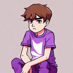 A boy named Milo with brown hair and wearing purple pants is sitting down, looking sad because he didn't get a phone