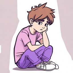 A boy named Milo with brown hair and wearing purple pants is sitting down, looking sad because he didn't get a phone