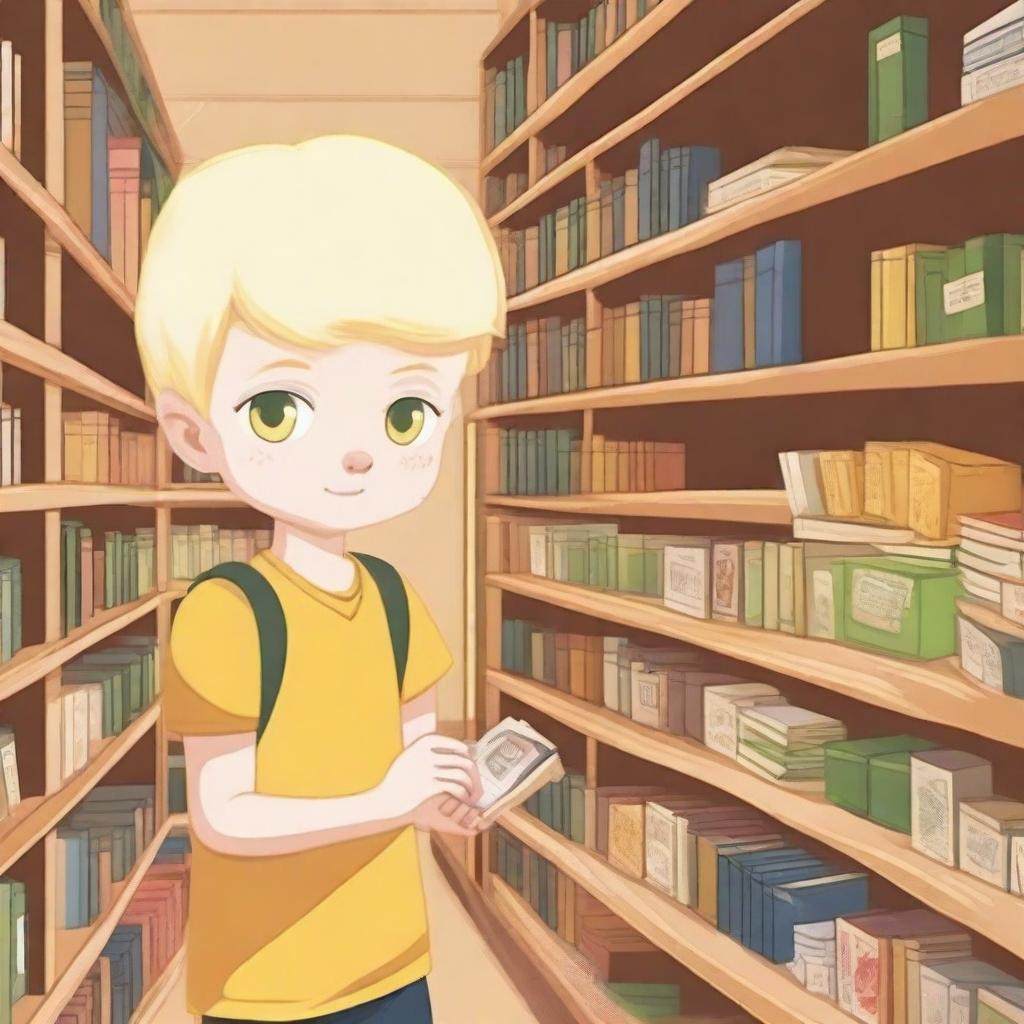 A young albino boy with straight, blonde hair and yellow eyes, around eight years old, searching for something inside a bookstore