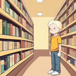 A young albino boy with straight, blonde hair and yellow eyes, around eight years old, searching for something inside a bookstore