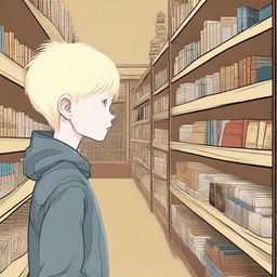 A young albino boy with straight, blonde hair and yellow eyes, around eight years old, searching for something inside a bookstore