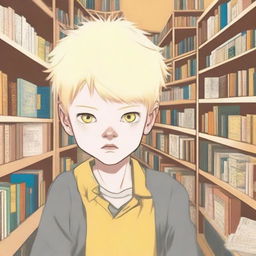 A young albino boy with straight, blonde hair and yellow eyes, around eight years old, searching for something inside a bookstore