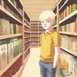 A young albino boy with straight, blonde hair and yellow eyes, around eight years old, searching for something inside a bookstore