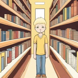 A young albino boy with straight, blonde hair and yellow eyes, around eight years old, searching for something inside a bookstore