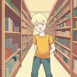 A young albino boy with straight, blonde hair and yellow eyes, around eight years old, searching for something inside a bookstore