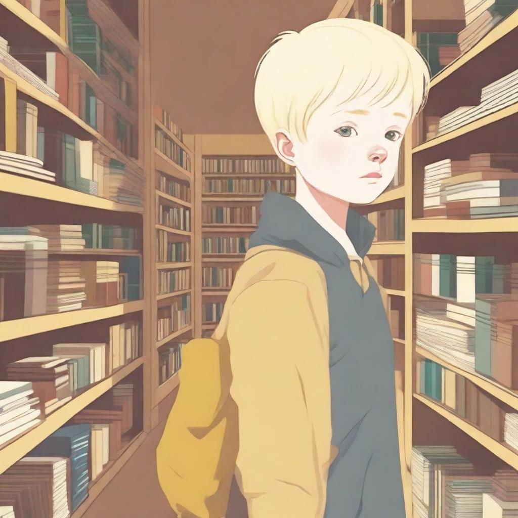 A young albino boy with straight, blonde hair and yellow eyes, around eight years old, searching for something inside a bookstore