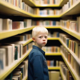 A young albino boy with straight, blonde hair and yellow eyes, around eight years old, searching for books inside a bookstore