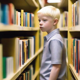 A young albino boy with straight, blonde hair and yellow eyes, around eight years old, searching for books inside a bookstore