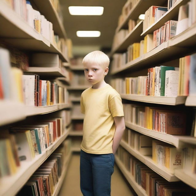 A young albino boy with straight, blonde hair and yellow eyes, around eight years old, searching for books inside a bookstore