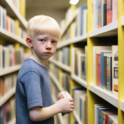 A young albino boy with straight, blonde hair and yellow eyes, around eight years old, searching for books inside a bookstore