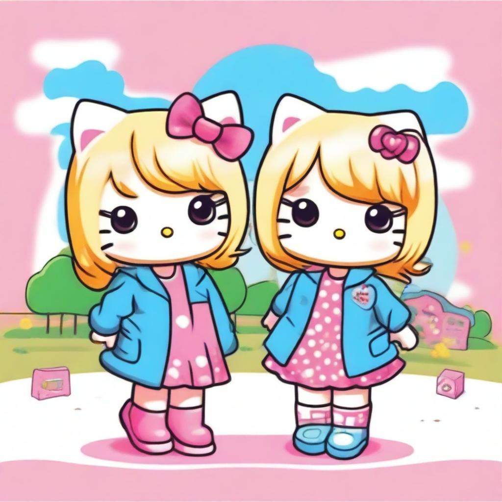 Two friends in the style of Hello Kitty, both with blonde hair, enjoying a fun day together