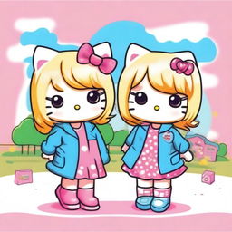 Two friends in the style of Hello Kitty, both with blonde hair, enjoying a fun day together