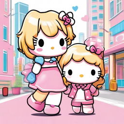 Two friends in the style of Hello Kitty, both with blonde hair, enjoying a fun day together