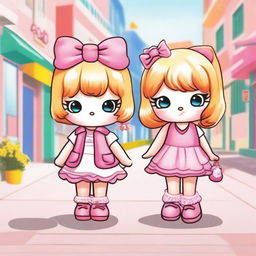 Two friends in the style of Hello Kitty, both with blonde hair, enjoying a fun day together