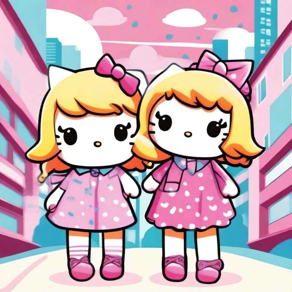 Two friends in the style of Hello Kitty, both with blonde hair, enjoying a fun day together