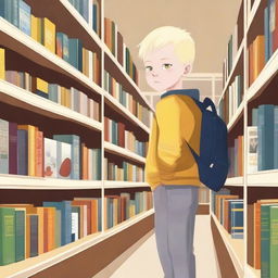 A young albino boy with blonde hair and yellow eyes, around eight years old, searching for books inside a bookstore