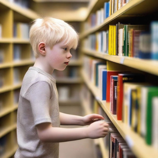 A young albino boy with blonde hair and yellow eyes, around eight years old, searching for books inside a bookstore