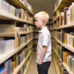 A young albino boy with blonde hair and yellow eyes, around eight years old, searching for books inside a bookstore