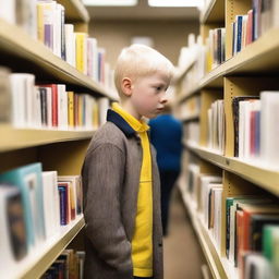 A young albino boy with blonde hair and yellow eyes, around eight years old, searching for books inside a bookstore