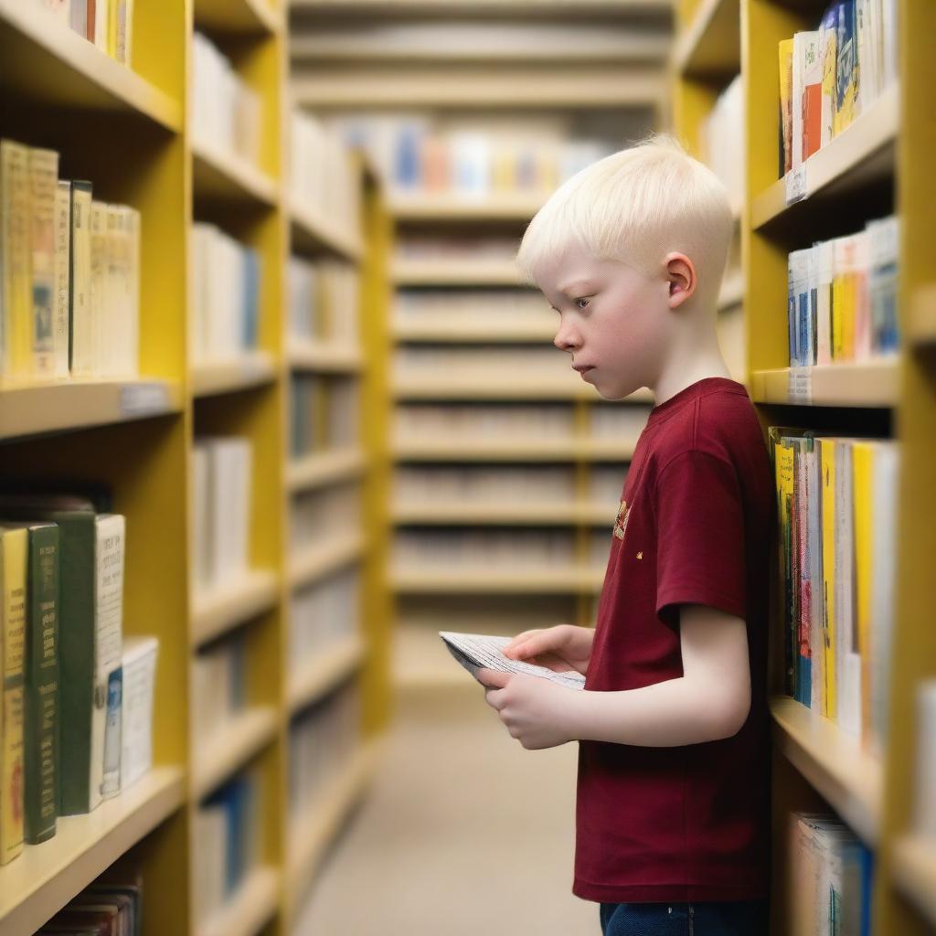 A young albino boy with indigenous features, blonde hair, and yellow eyes, around eight years old, searching for books inside a bookstore