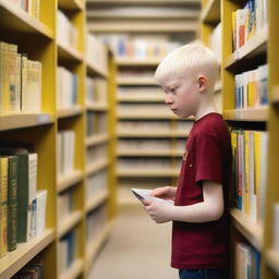 A young albino boy with indigenous features, blonde hair, and yellow eyes, around eight years old, searching for books inside a bookstore