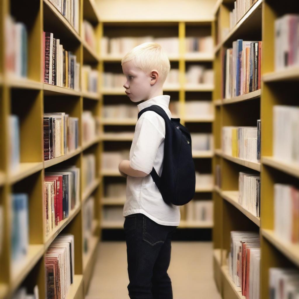 A young albino boy with indigenous features, blonde hair, and yellow eyes, around eight years old, searching for books inside a bookstore