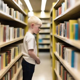 A young albino boy with indigenous features, blonde hair, and yellow eyes, around eight years old, searching for books inside a bookstore