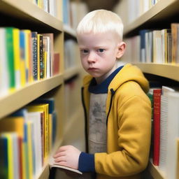 A young albino boy with indigenous features, blonde hair, and yellow eyes, around eight years old, searching for books inside a bookstore