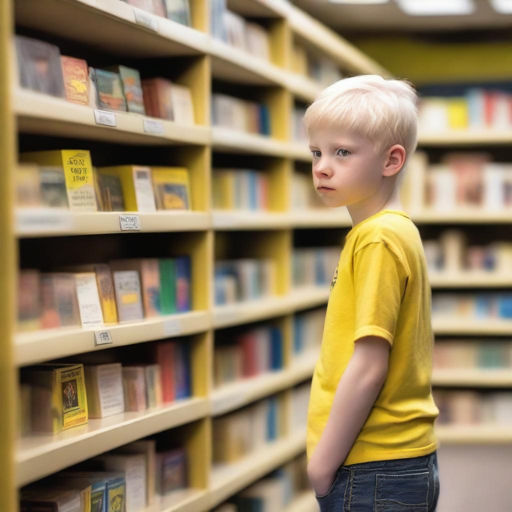 An eight-year-old albino indigenous boy with blonde hair and yellow eyes, searching for books inside a bookstore