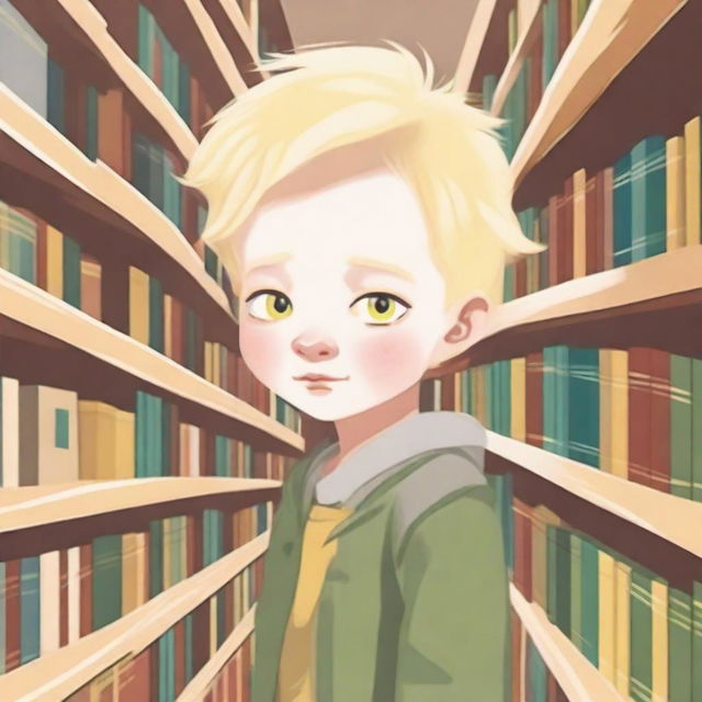 An eight-year-old albino indigenous boy with blonde hair and yellow eyes, searching for books inside a bookstore