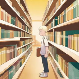 An eight-year-old albino indigenous boy with blonde hair and yellow eyes, searching for books inside a bookstore