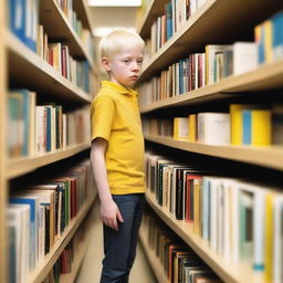 An eight-year-old albino indigenous boy with blonde hair and yellow eyes, searching for books inside a bookstore